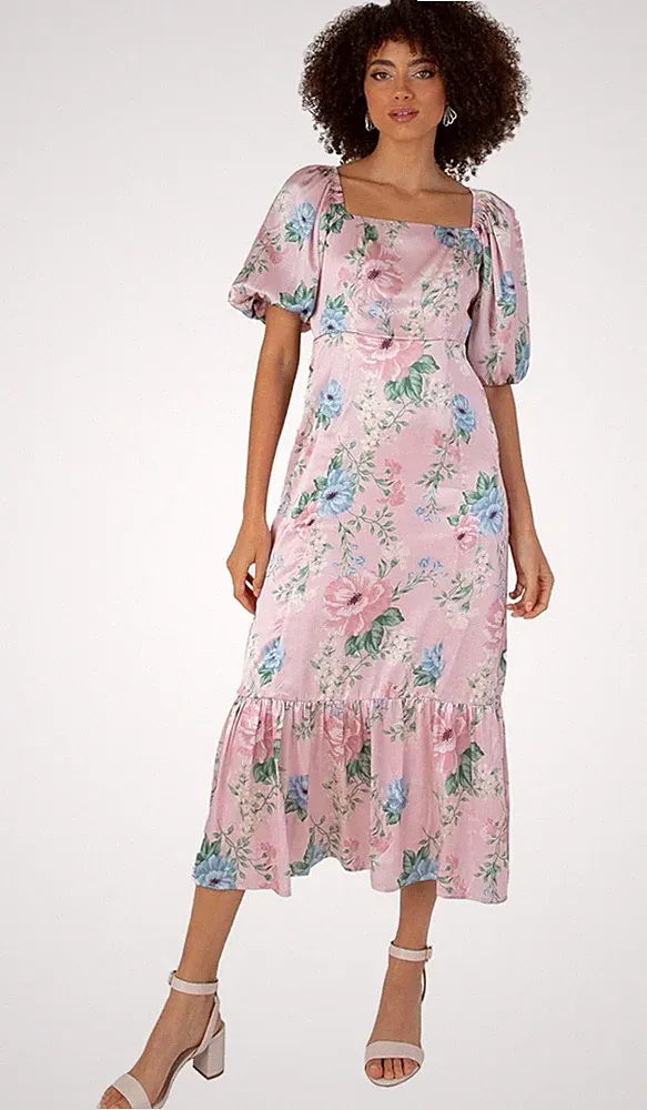 Anaya with Love Damen Midaxi-Kleid zum Binden Puffärmel Blumen rosa Satin 20