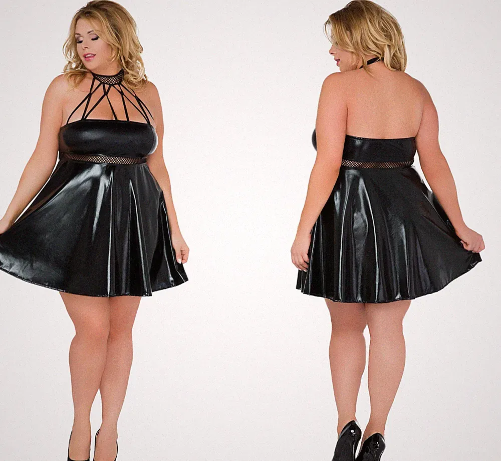 ANDALEA WETLOOK NECKHOLDER KLEID schwarz clubwear übergröße plus size