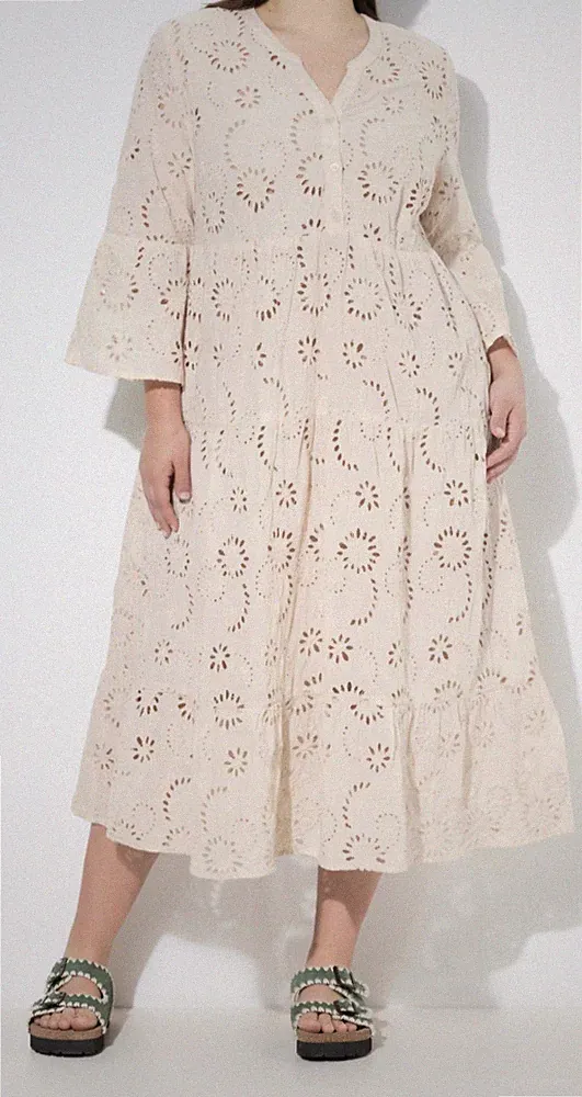 Angel of Style Damen große Größen Midikleid A Linie Lochstickerei Volants