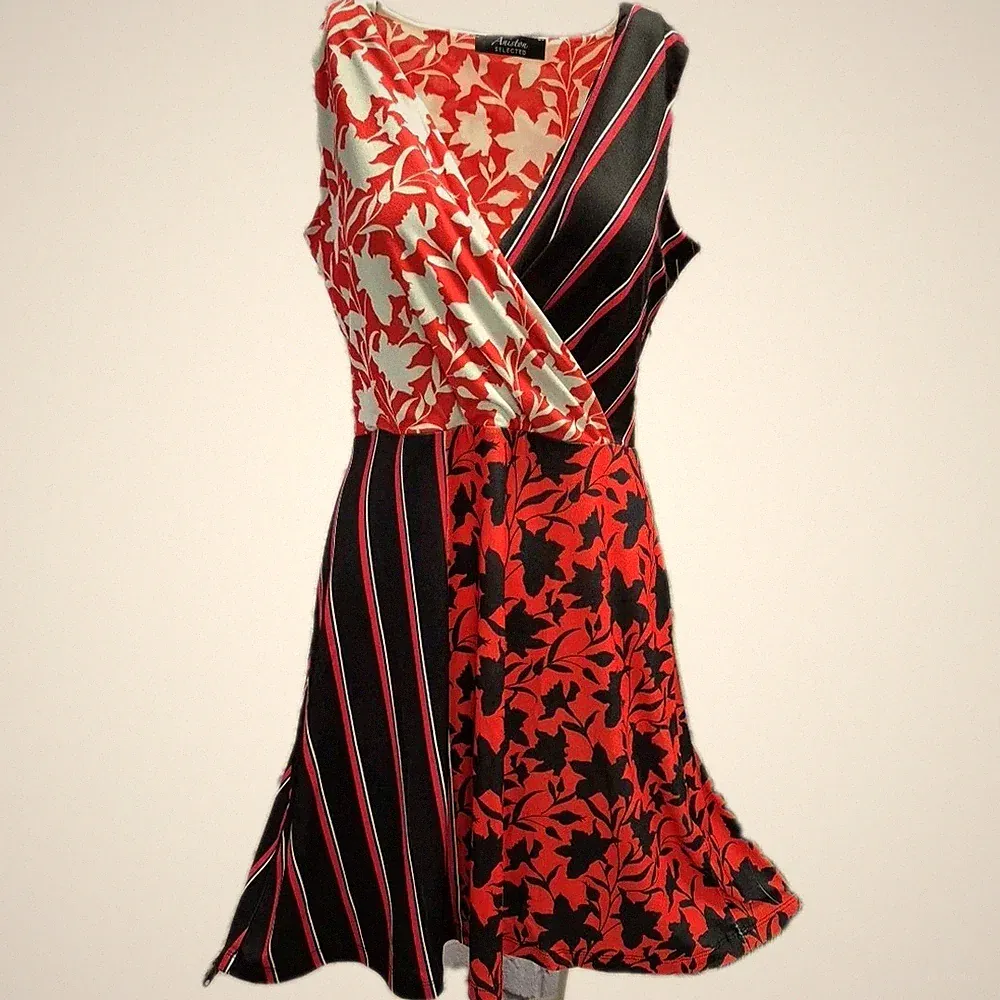 Aniston Damen Kleid 38-48 weich fallend rot schwarz gemustert A-Linie (659)