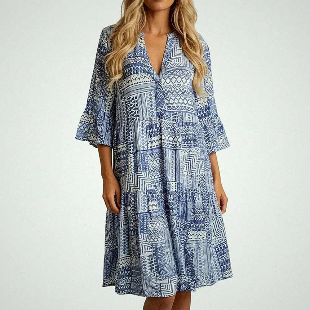 Aniston Kleid Ibizzakleid Jerseykleid blau gemustert 3/4 Ärmel Damen (8048) NEU