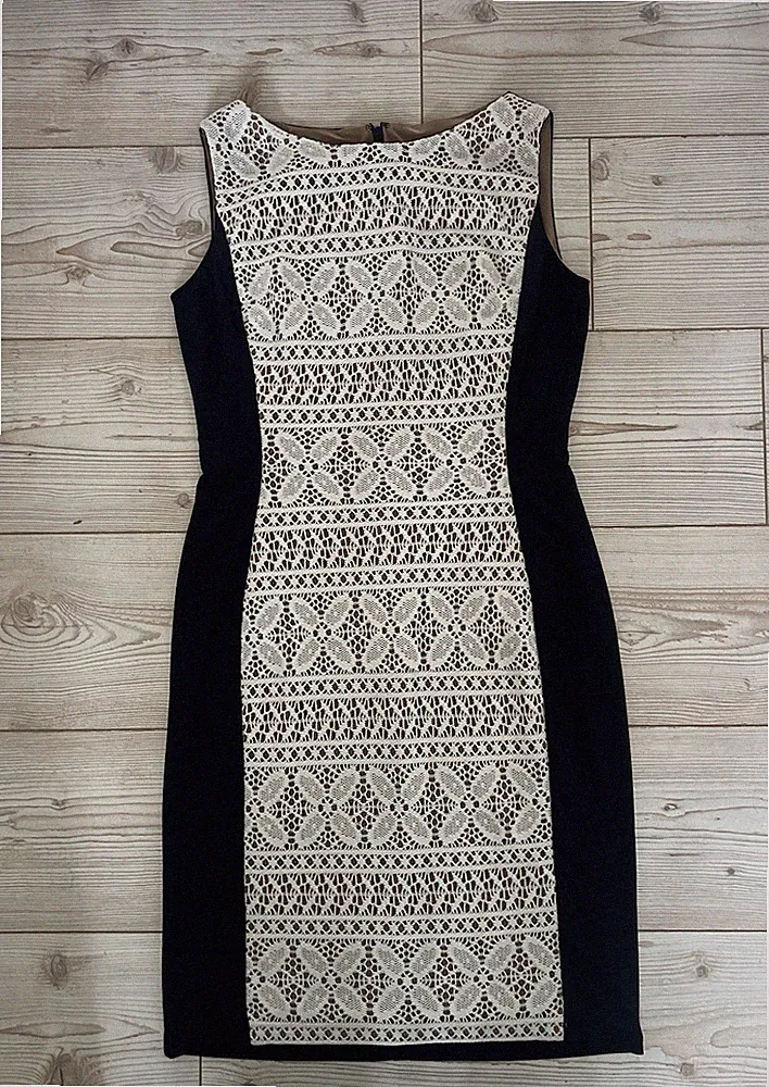 Anne Klein Damen beige/marine gefüttert Spitzenkleid verzierter Reißverschluss hinten Größe 2