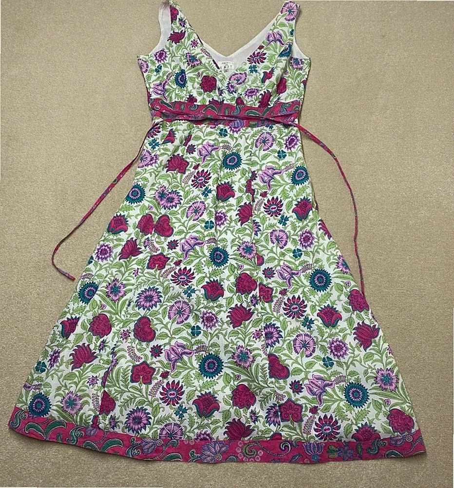 Anokhi For East Kleid Damen UK 12 weiß grün Boho Blumen Midi Sommerkleid