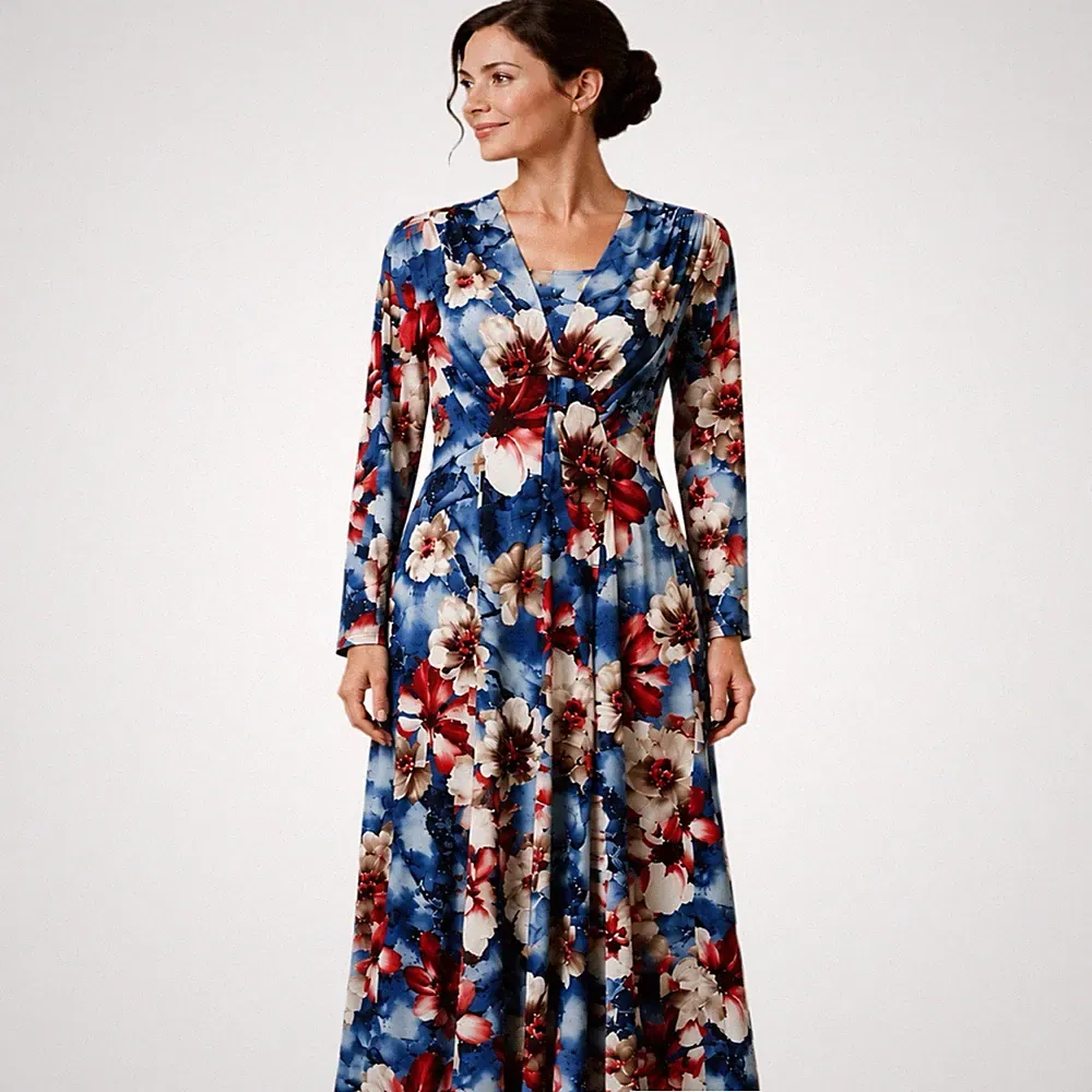 Anonymous Midikleid Blumen UK 18 Neu mit Etikett Blau Rot Langarm Hochzeitsgast