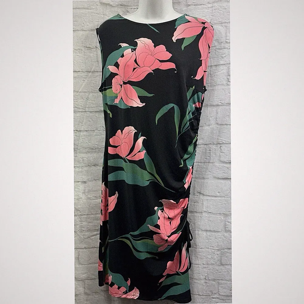 Anthology Sommer Etuikleid Gr. 14 schwarz pink grün Blumen gerafft Cottagecore