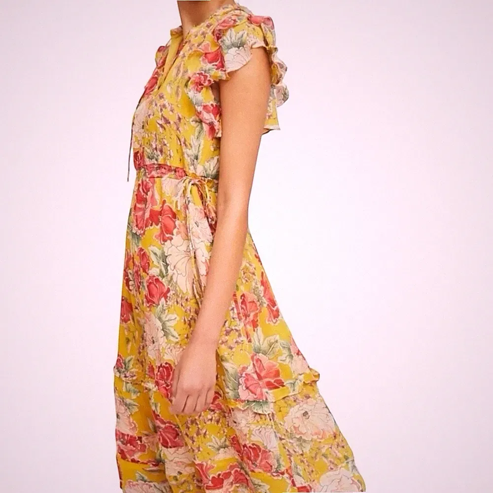 Anthropologie Dolan 100% Silk Ellory Mustard Yellow Floral Ruffle Midi Dress XL