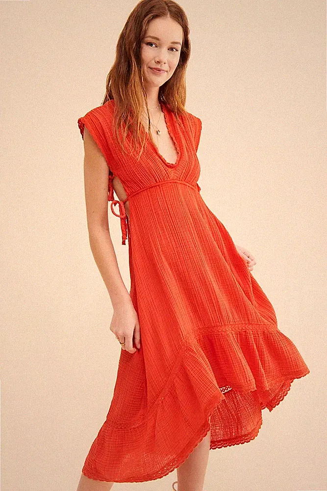 Anthropologie rot V-Ausschnitt Midikleid Größe 1X 16-18 UK gekreuzter Rücken Sommer Strand