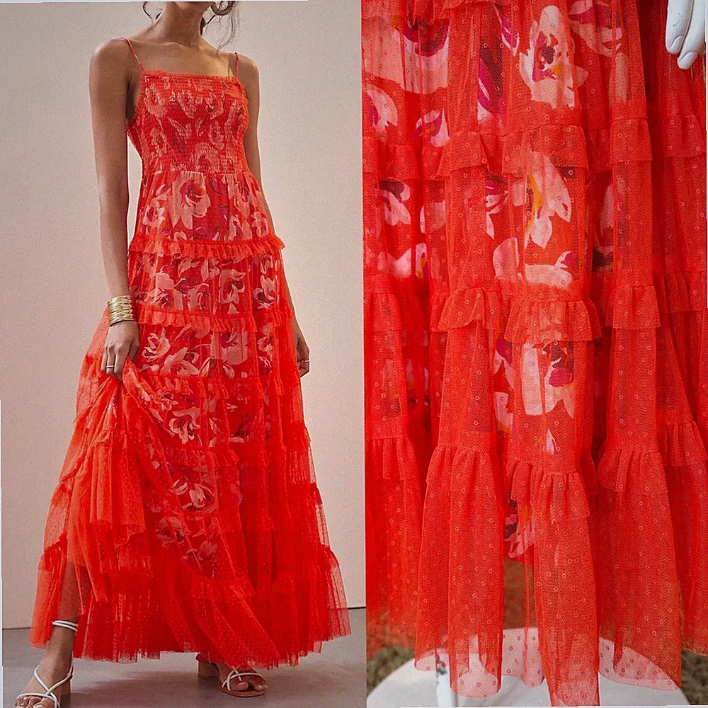 ANTHROPOLOGIE TIERED TULLE MAXI DRESS XXS Wedding Guest Smocked Floral Red
