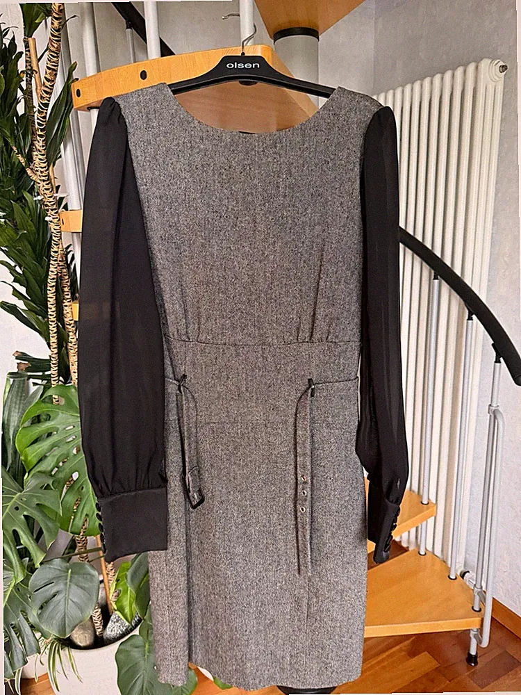 APART Damen Etuikleid Grau/Schwarz Wolle Ballonärmel | Gr. 38