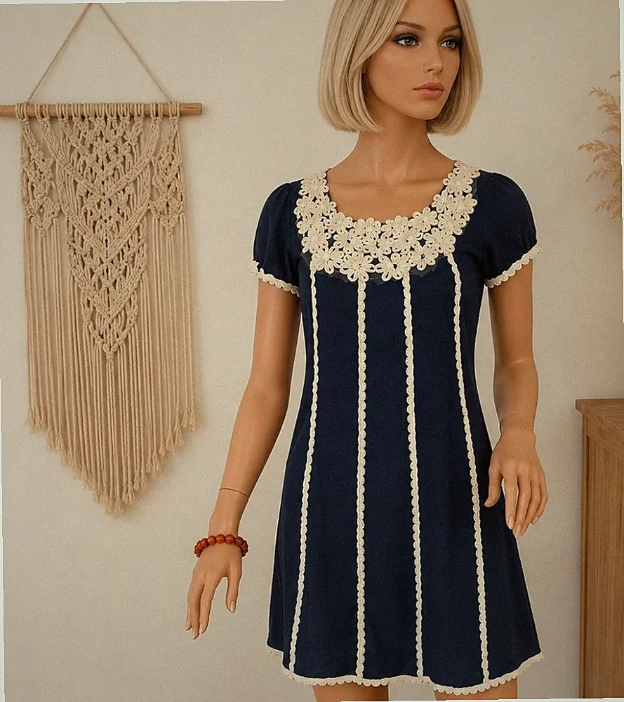 Apricot Damen Kurzkleid Blau/Weiß Spitze A-Linie Rundhals Kurzarm S/M