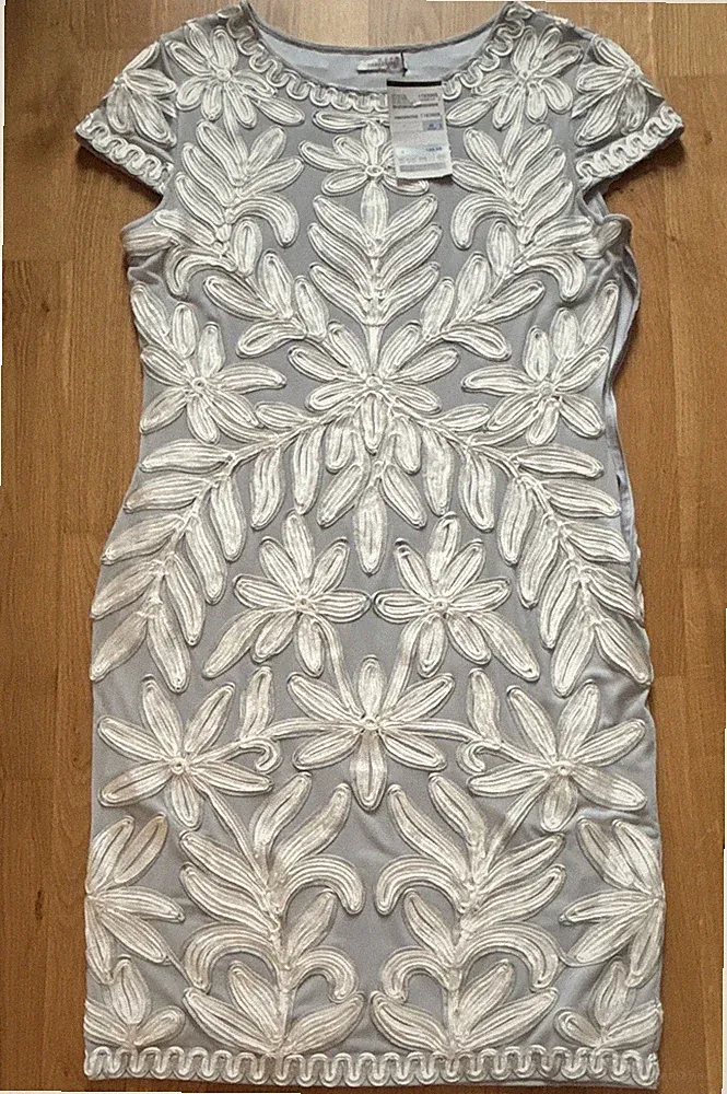 apriori Damen Etuikleid Gr. 42 grau/silber bestickt Blumen Kurzarm knielang