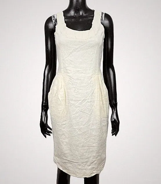 Armani Jeans Kleid Damen Größe 40 \ S Leinenmischung Viskose Beige Made Italy