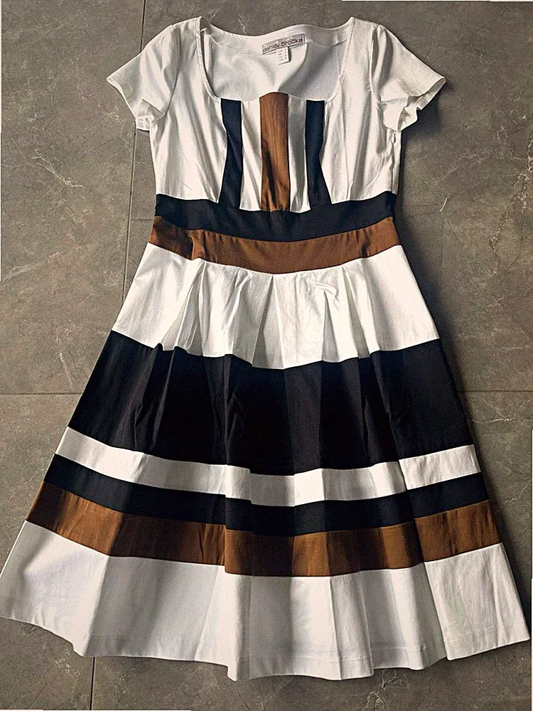 Ashley Brooke Damen A-Linien-Kleid gestreift weiß/schwarz/braun Kurzarm Gr.38