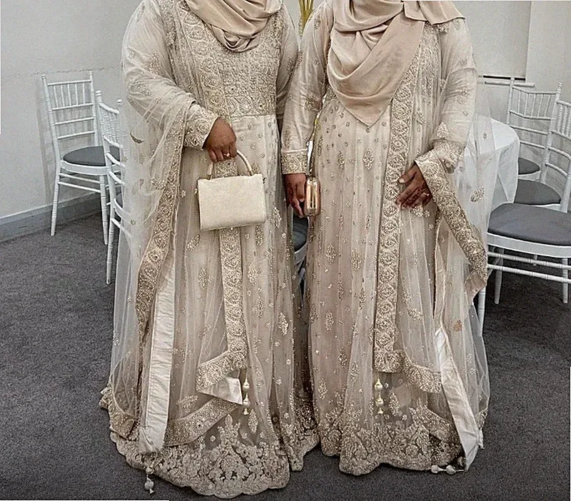 Asiatisch Pakistanisch Indisch Lang Kleid Hochzeit Gast Maxi Beige Dress 40 £120