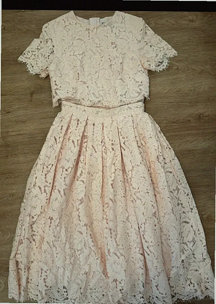 ASOS Damen A-Linien Midi Spitzenkleid Rosa Blumen Kurzarm Rundhals RV XS