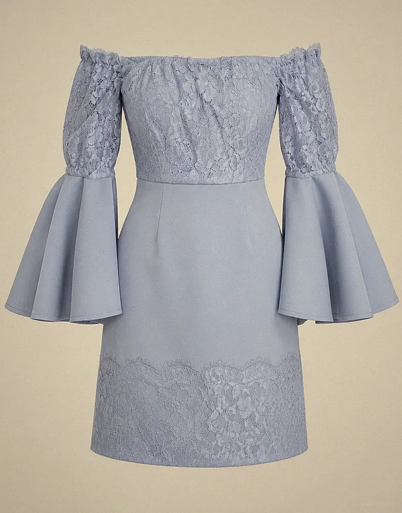 ASOS Damen Kurzkleid UK 12 A-Linie Off-Shoulder Spitze 3/4 Glockenärmel