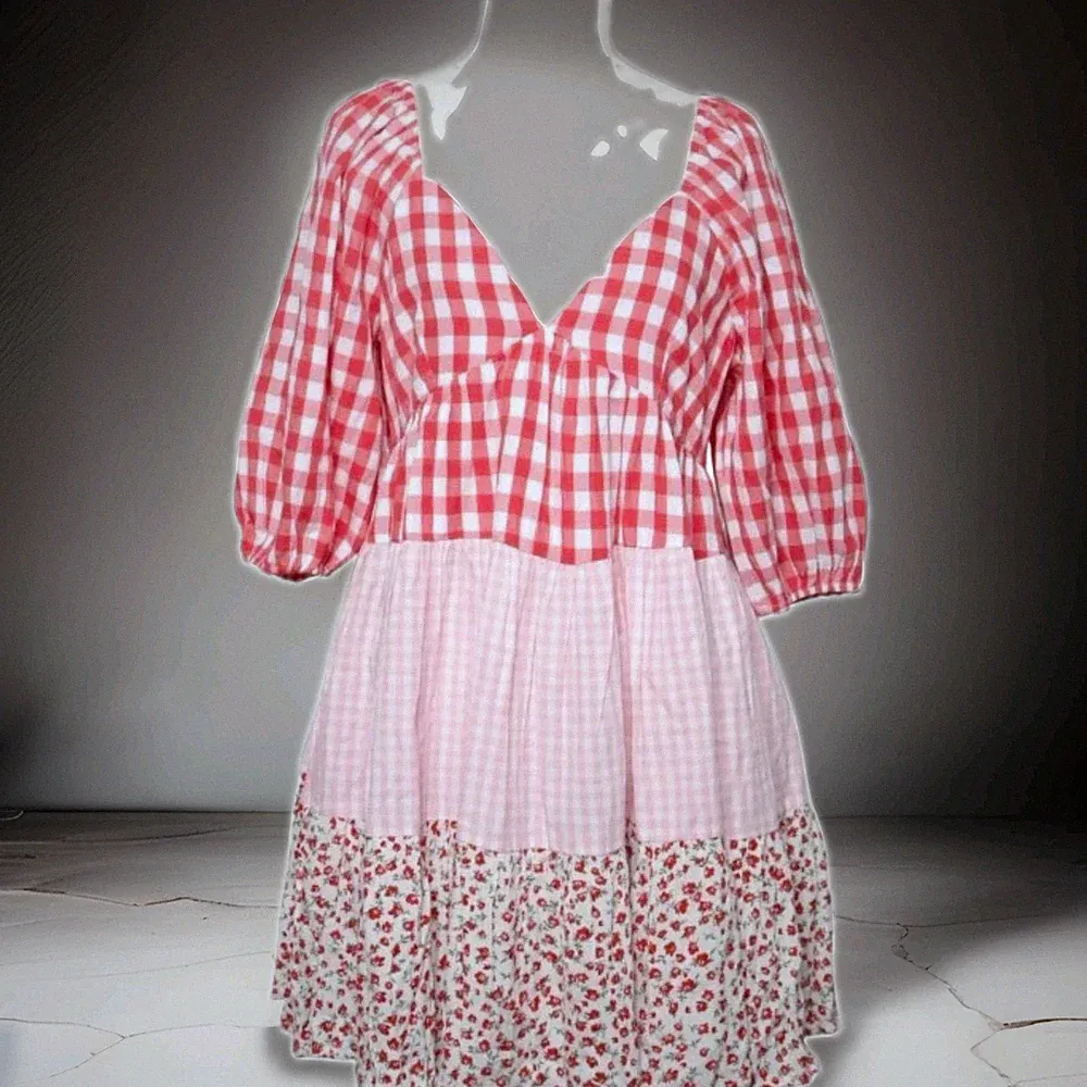 ASOS DESIGN Damen Kurzkleid Gingham rosa/weiß/rot A-Linie Herz 3/4 Arm Gr.38