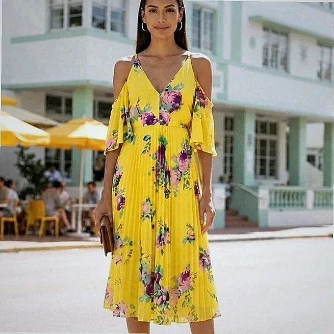 Asos gelb Blumen Plissee Midi Tee Kleid Schulterfrei Hochzeit Gast UK 6 Neu mit Etikett