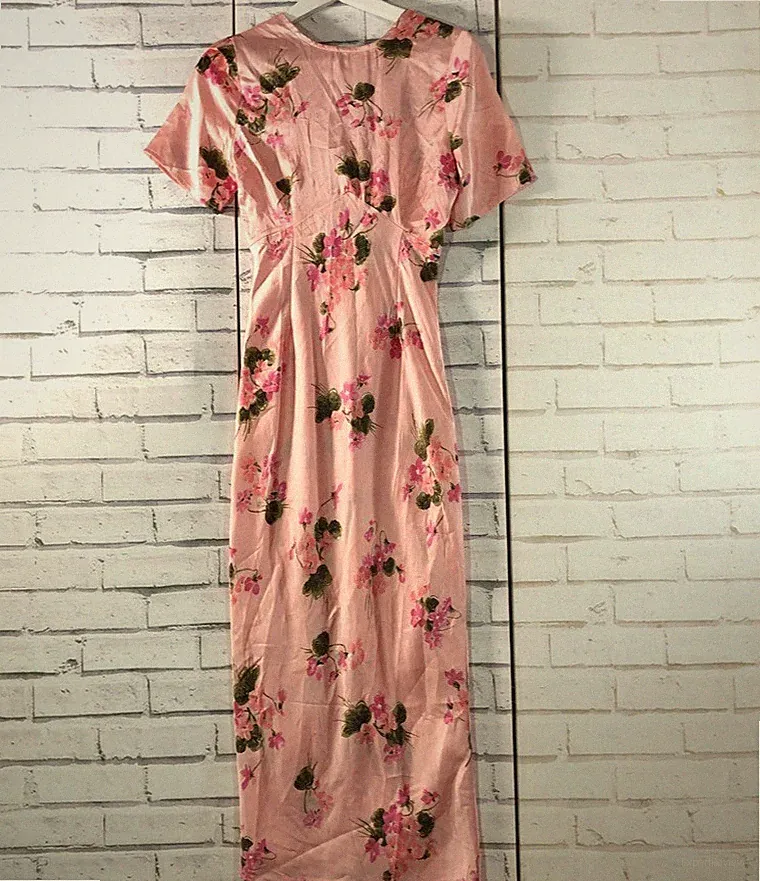 ASOS Kleid rosa Blumen Satin Maxi hinten offen Schnürung Bindedetail Hochzeitsgast 10