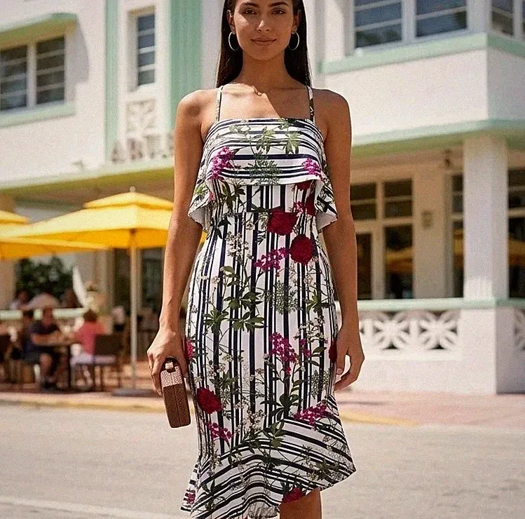 Asos Midikleid Blumen Streifen UK 6 Träger Rüschensaum Urlaub Hochzeit Gast Neu mit Etikett