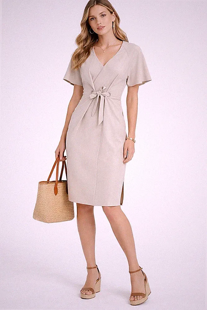 ASOS Midikleid creme beige nude vorne zum Binden 10 UK V-Ausschnitt Kurzarm Seitenschlitz