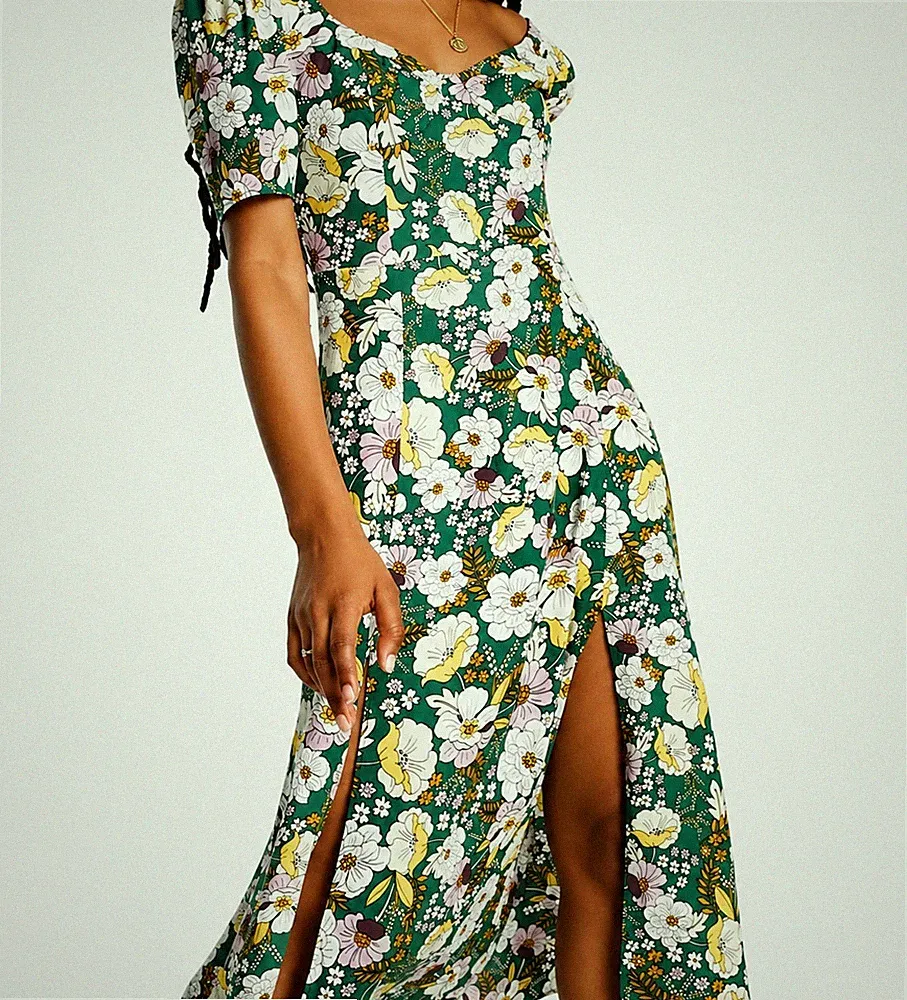Asos Midikleid grün Blumen UK 8 Kurzarm Schlitze