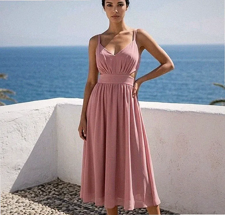 Asos Midikleid UK 10 Altrosa Cut-Out Taille Chiffon Party Hochzeit Gast Neu mit Etikett