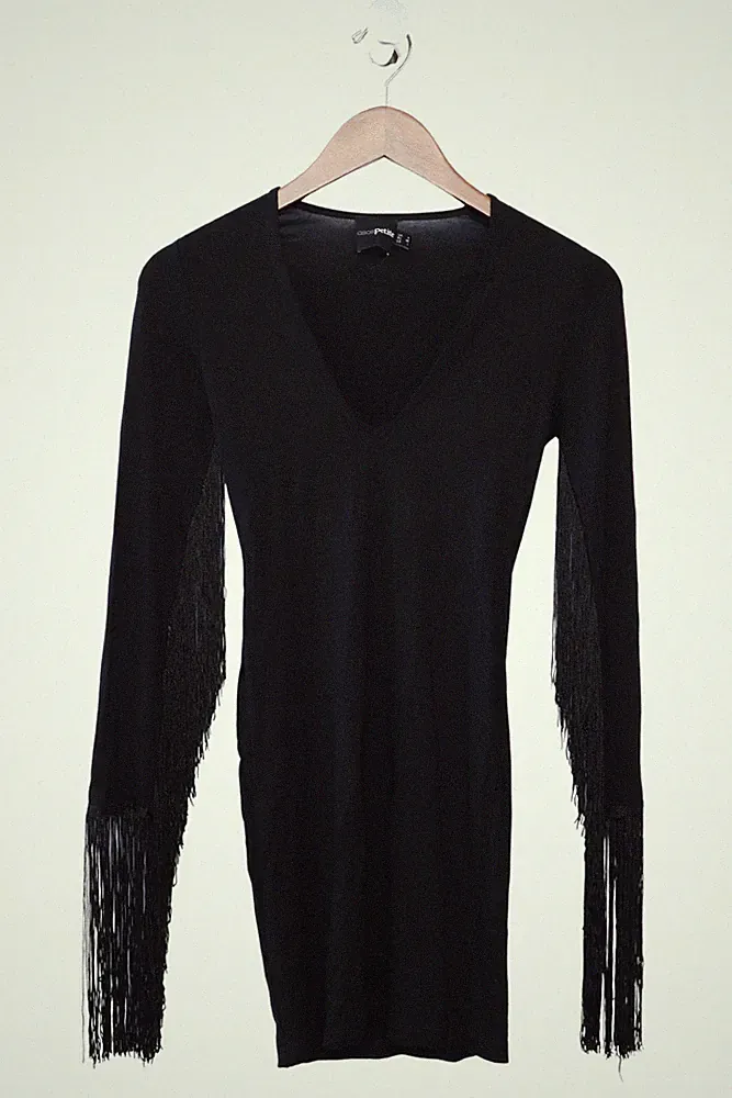 ASOS Petite Damen Etuikleid Schwarz Gr. 32/XXS Elegant Fransen Vintage