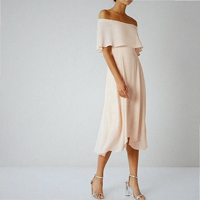 Atemberaubendes Coast Brooke Bardot-Kleid Rouge Pink UK 10 Midi Anlass Hochzeit Gast
