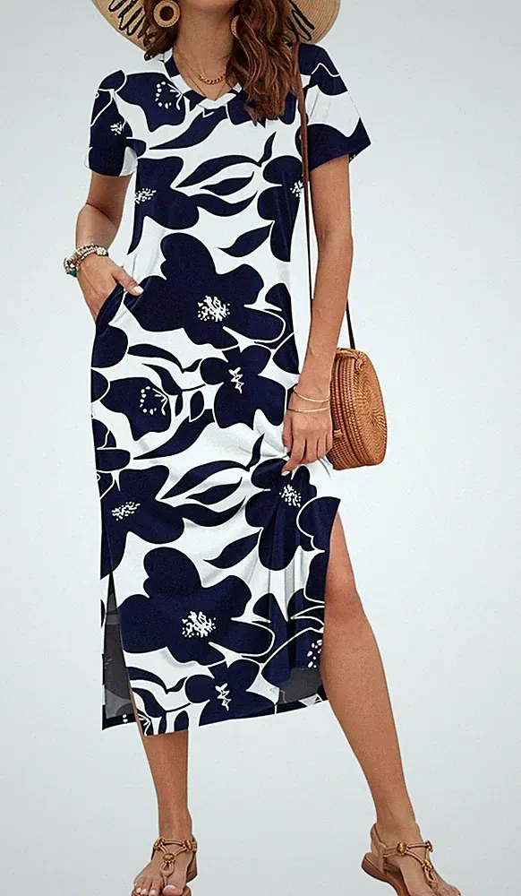 Auselily Gr. S dunkelblau Blumen Kleid Kurzarm tailliert Taschen VNeck Maxi weiß