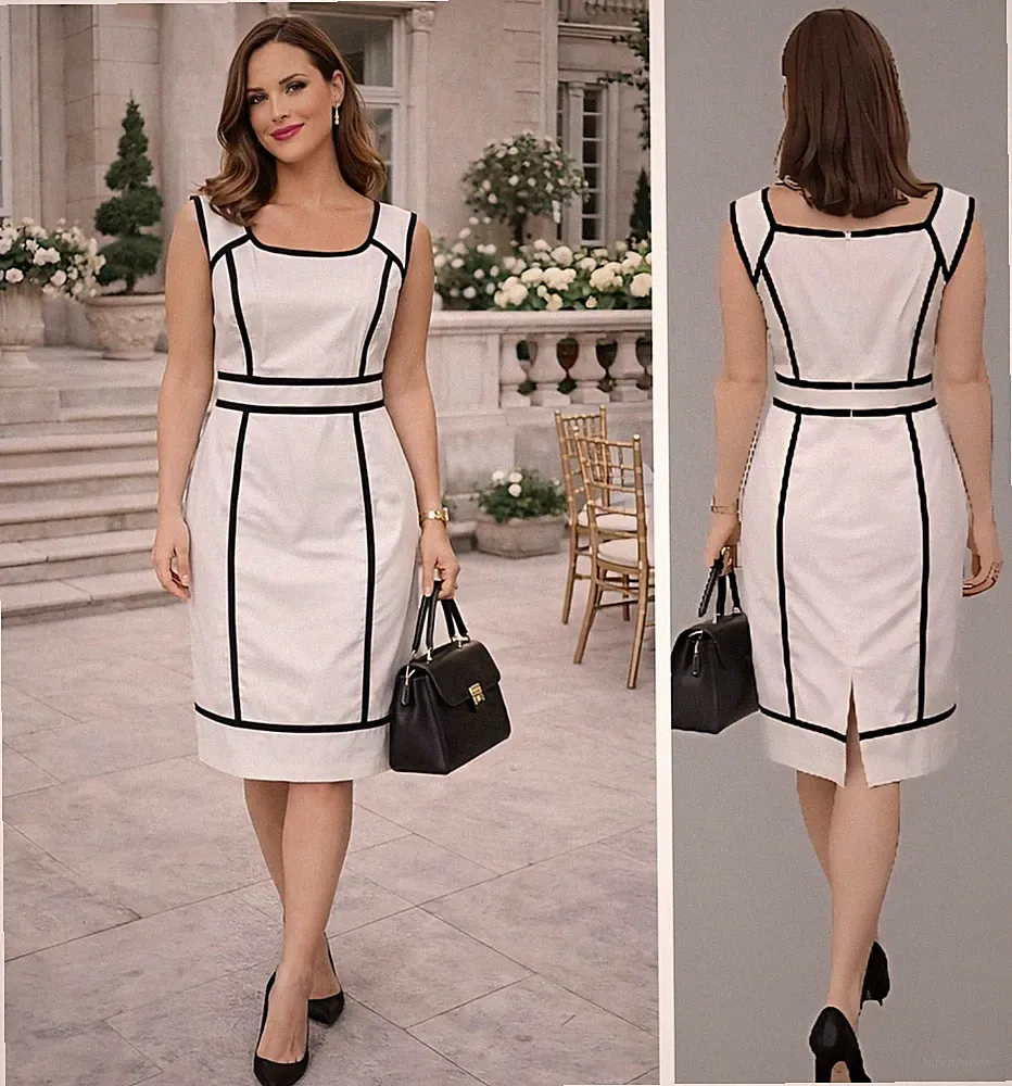 AUTOGRAMM KLEID GRÖSSE 16 ELFENBEIN + SCHWARZ DETAIL ÄRMELLOS KNIELANG ETUIKLEID #1