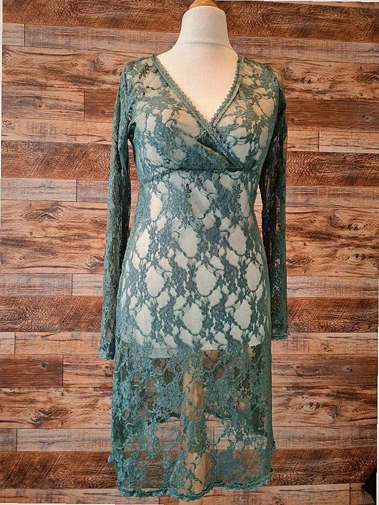 Avoca Anthology irisches Designer transparentes Spitzenkleid türkis grün Boho Größe 2 XS