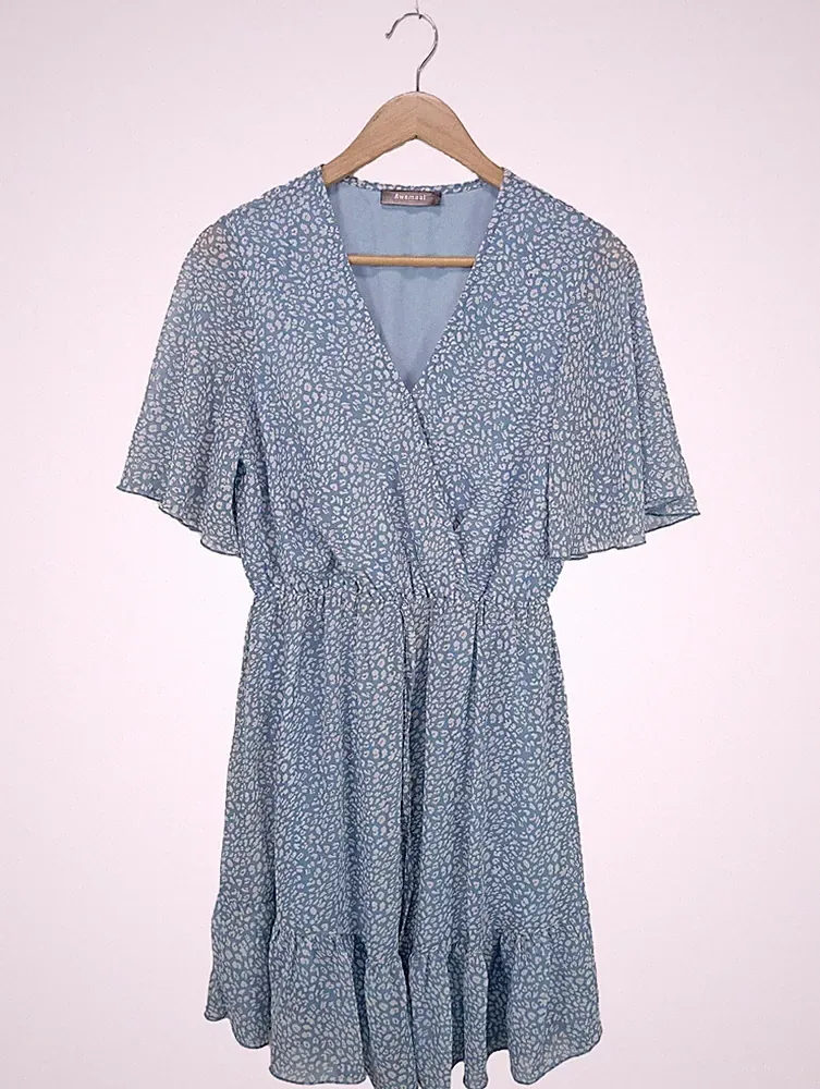Awemeal Damen Kleid Blau Gr. 36 Wickelkleid Vintage Allover Druck A-Linie