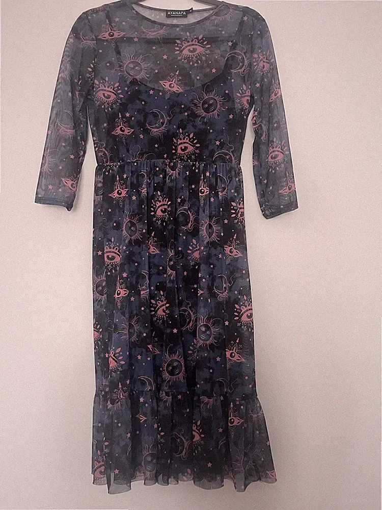 AYANAPA Damen Midi A-Linie Kleid Mesh Sterne blau/rosa 3/4 Ärmel M