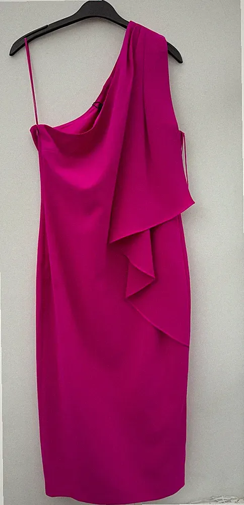Badgley Mischka fuchsia One-Shoulder-Midikleid UK14 16 Hochzeitsgast – neu mit Etikett
