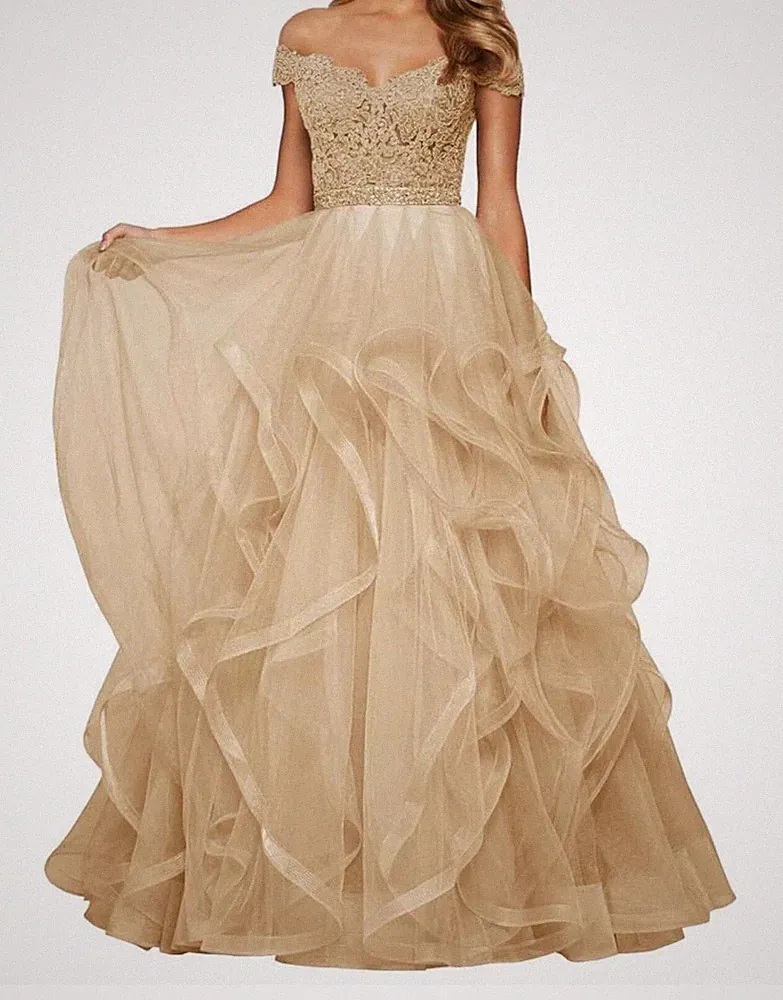 Ballkleid A-Linie/Ballkleid V-Ausschnitt Flügelärmel Spitze/Tüll Beige