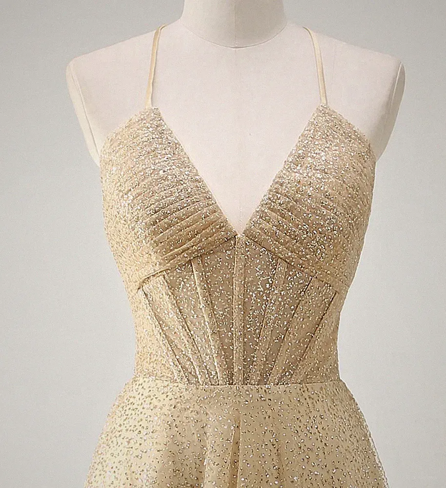 Ballkleid A Linie Gold Pailletten Spaghettiträger mit Schlitz Gold / EU32