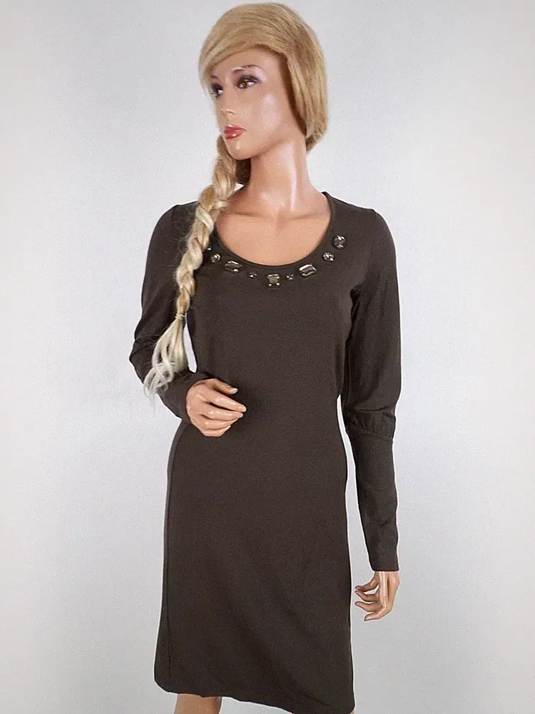 BANDOLERA Damen Kleid Gr. 38 Braun Acryl Langer Ärmel Kristalle Knielang Runder