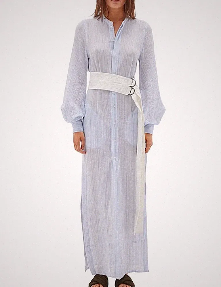 BASSIKE Hemdblusenkleid gestreift Gaze länger geschnitten Baumwolle Rückenpas...