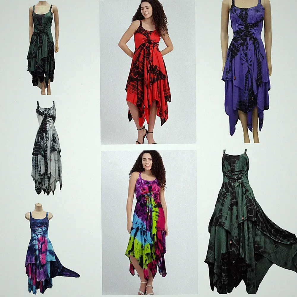 Batik Maxi Korsett Kleid Sommer Pixie Saum Festival Bohemian Fairy S M L XL XXL
