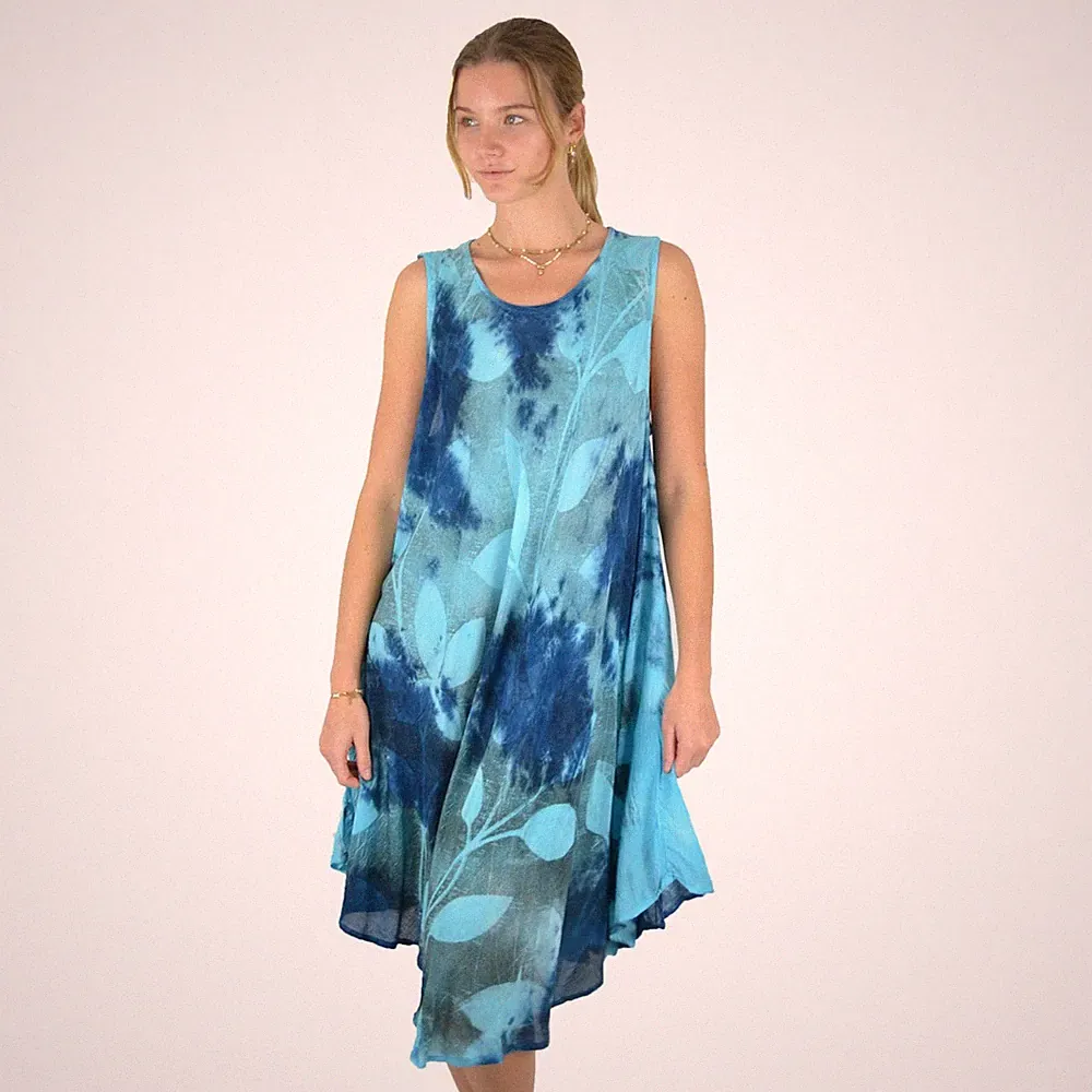 Batik Sommerkleid Damen Blau Türkis Strandkleid A-Linie Ärmellos Einheitsgröße