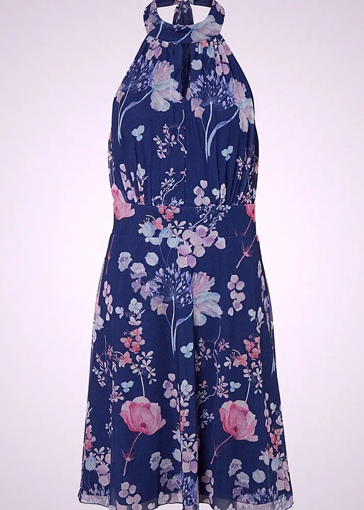 Bedrucktes Etuikleid Gr. 52/54 Dunkelblau Geblümt Abendkleid Sommerkleid Neu