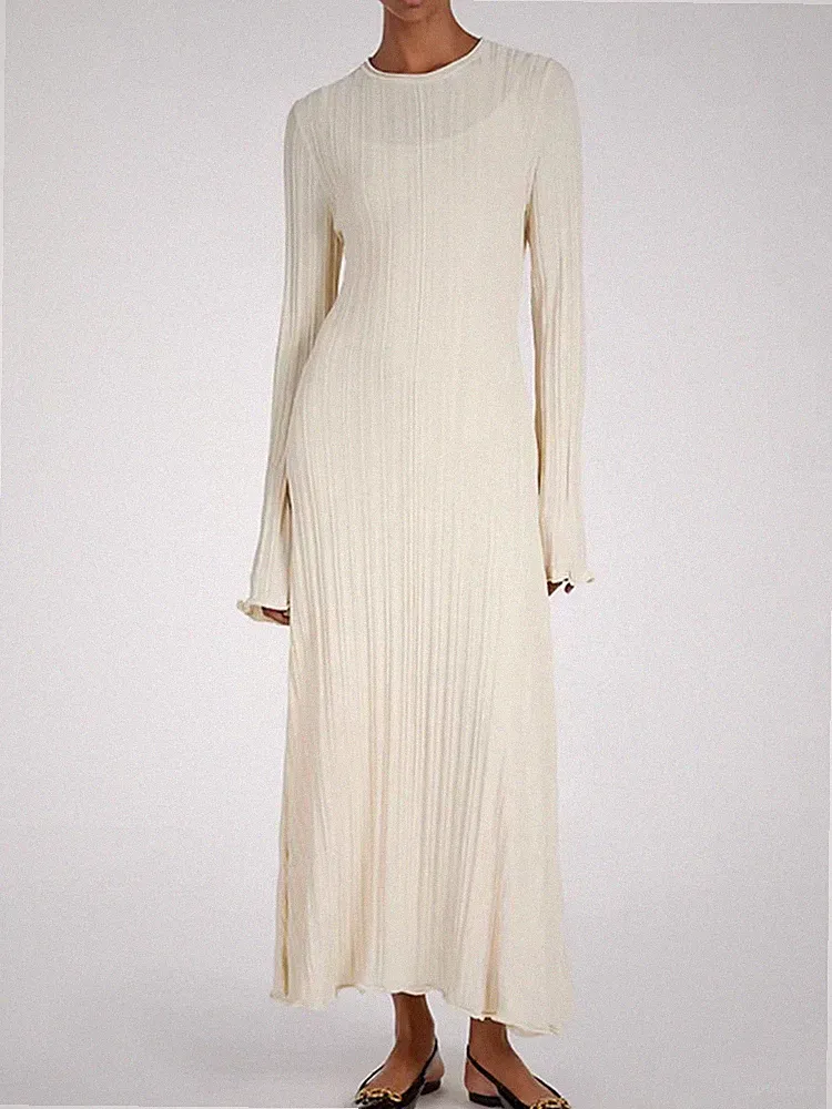 Beige Weiße Strick Maxikleid Mit Schnürung Hohe Taille Langarm A-Linie