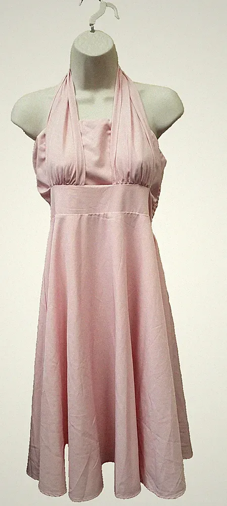 Belle Poque Vintage Damen Midikleid mit Bindeband rosa Satin A-Linie Größe Medium
