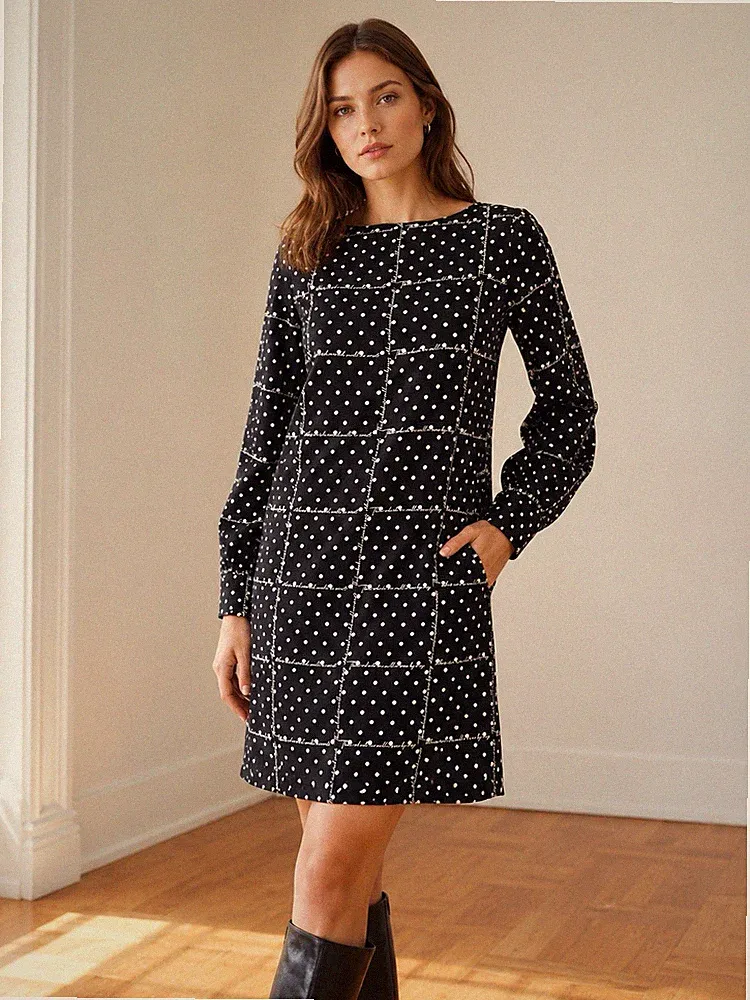 Benetton Kleid Polka Dot Langarm Midi 38/M Casual Business Etuikleid Freizeit