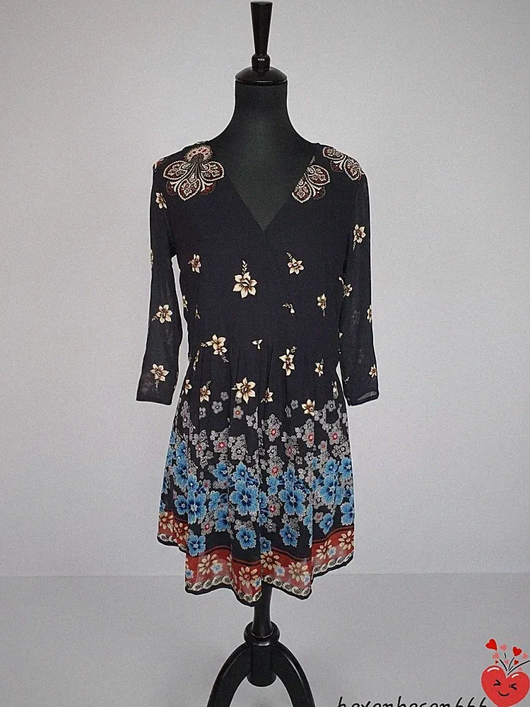 🍁🍂Bershka Boho Vintage Look Kleid Chiffon schwarz blau rostrot 38 M🍂🍁