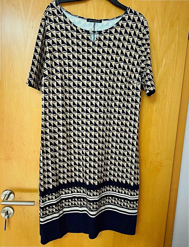 Betty Barclay Damen Kleid Gr. 46 Schwarz/Beige/Weiß geometrisch Kurzarm knielang