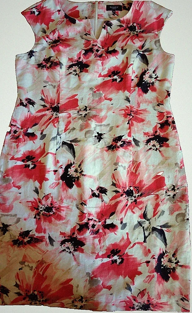 Bexleys Etuikleid 44 XL Leinen Viskose Kleid Blumen Floral Weiß Rosa Knielang