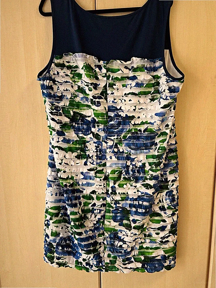 Bexleys Woman Damen Etuikleid Gr. 46 blau/weiß/grün abstrakt knielang ärmellos