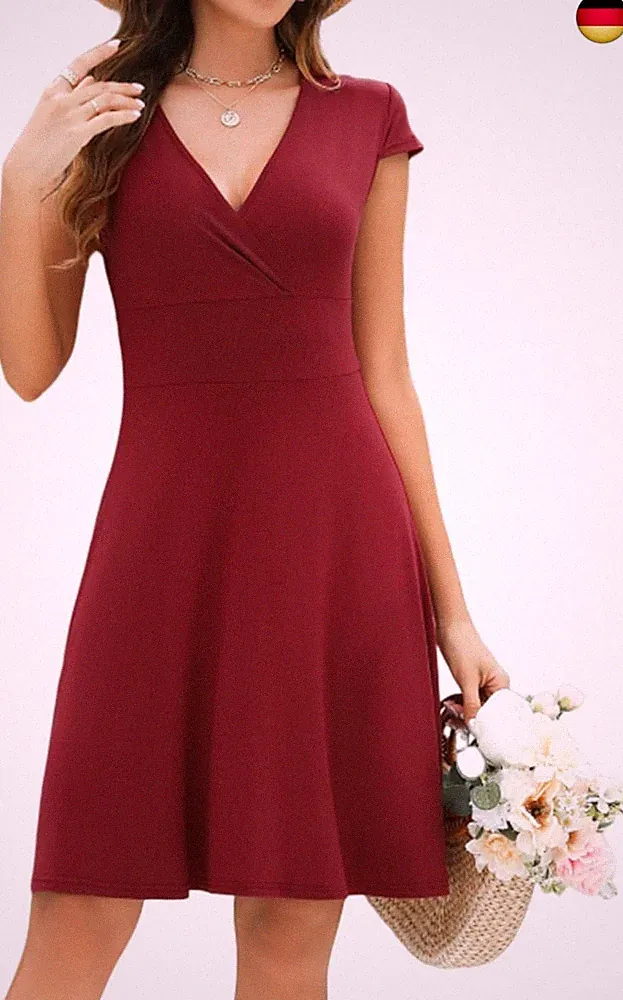 Beyove Sommerkleid Damen Knielang V-Ausschnitt Blümchenkleid A Linie Kurzarm
